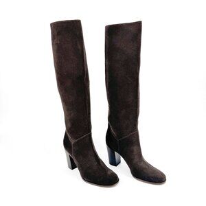 Chanel CC Dark Brown Suede Knee High Riding Boots Block Heel Size 37 US 6-6.5